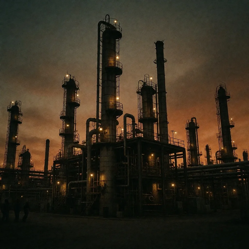 Refinería de petróleo al atardecer