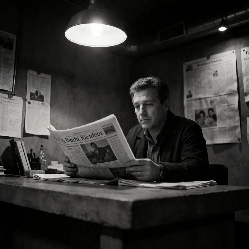 Hombre maduro leyendo un periódico en un escritorio de concreto