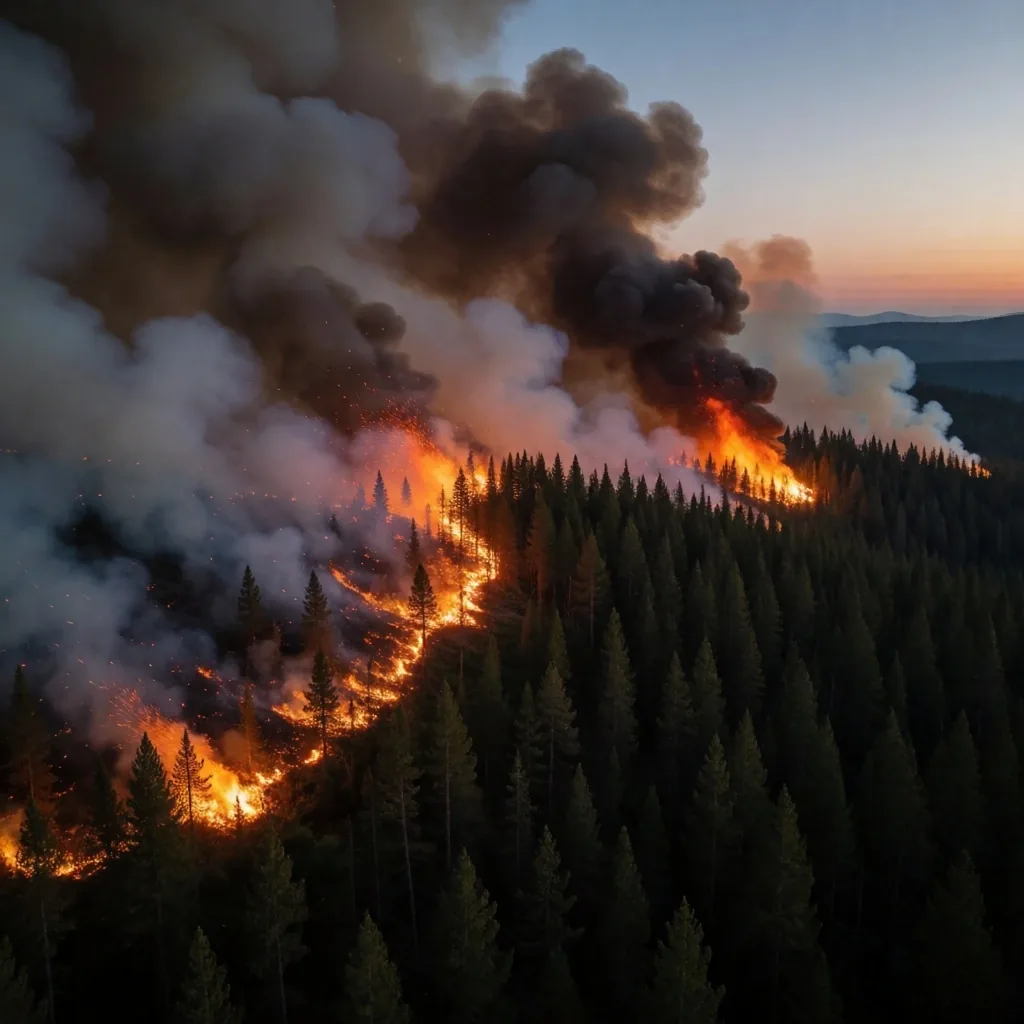 Incendio forestal visto desde el aire al atardecer