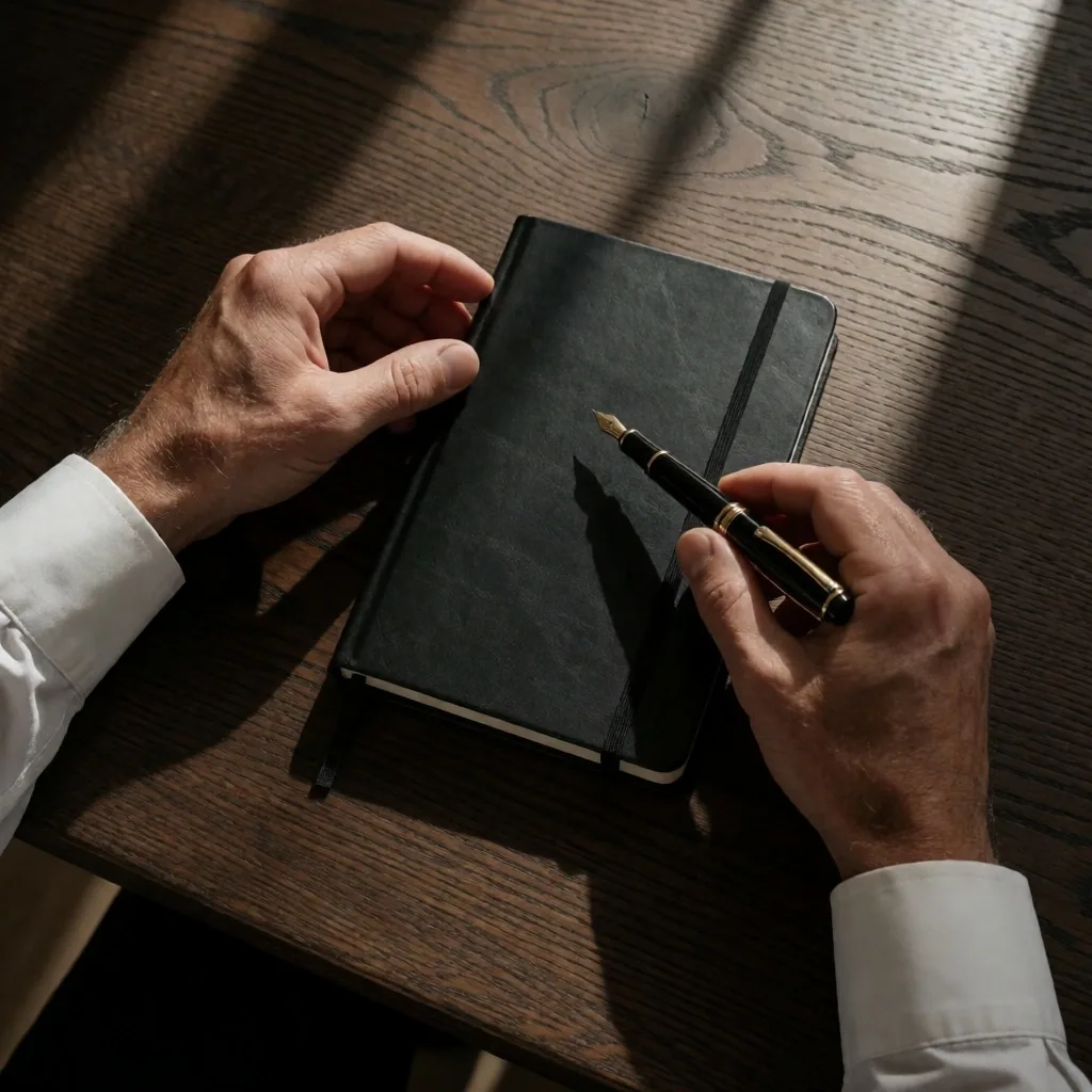 Manos sobre un escritorio de madera con un cuaderno de cuero y café negro