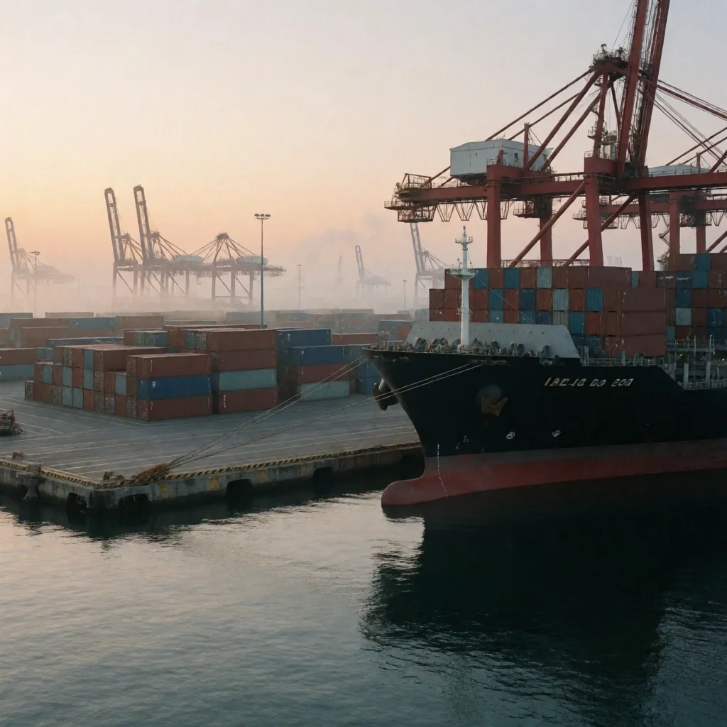 Puerto japonés al amanecer con contenedores de carga