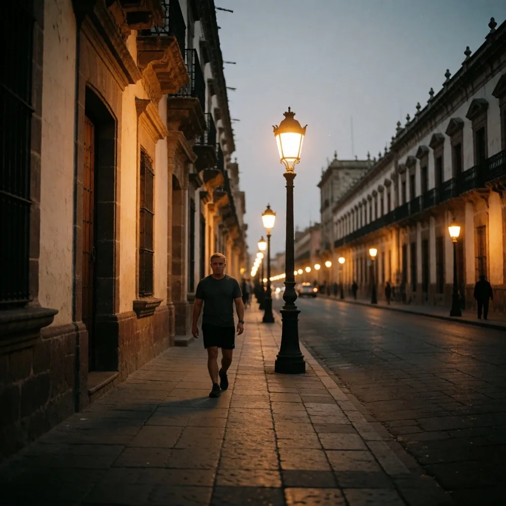 Calle urbana de Guadalajara al atardecer con peatón maduro caminando