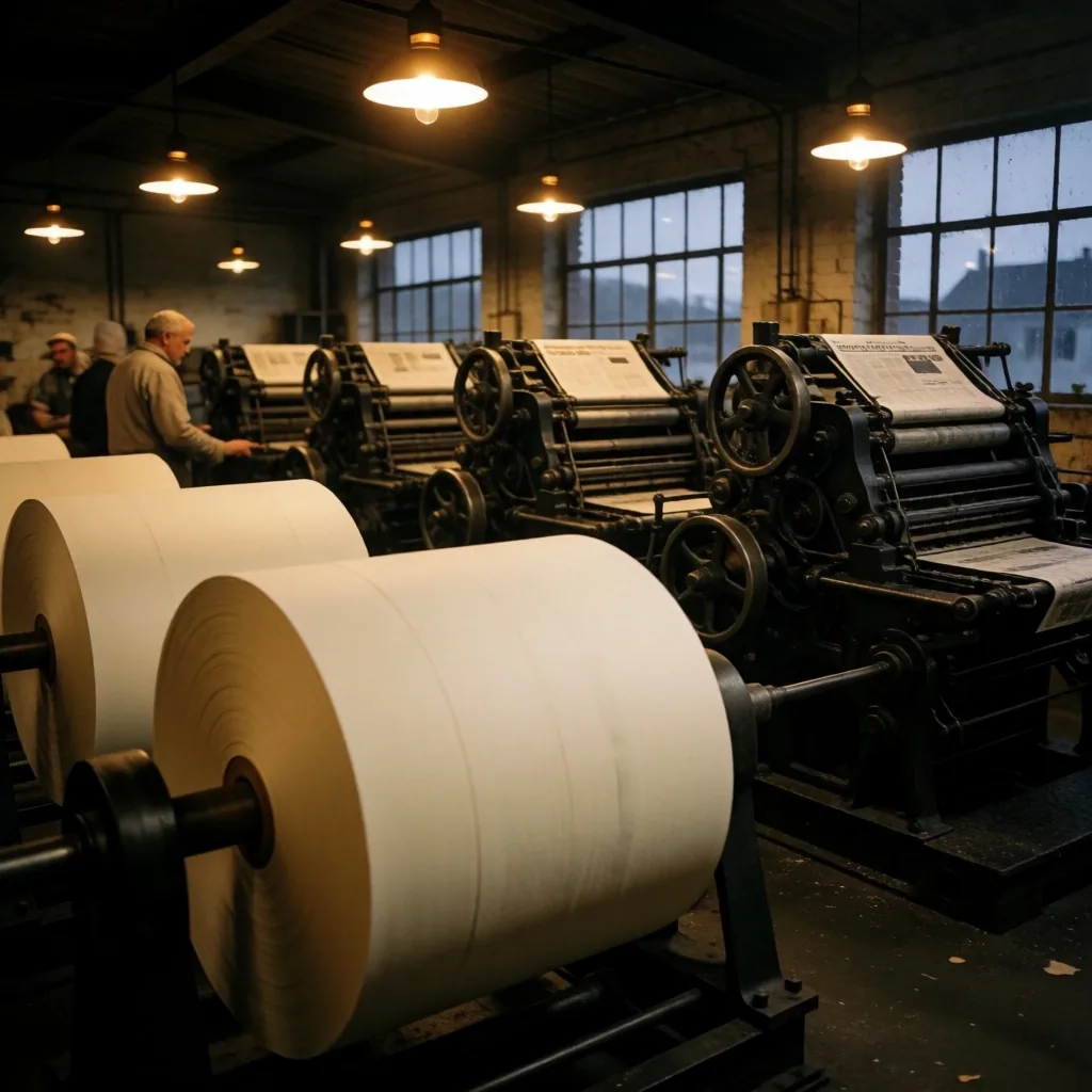 Sala de impresión de periódico al anochecer con maquinaria industrial