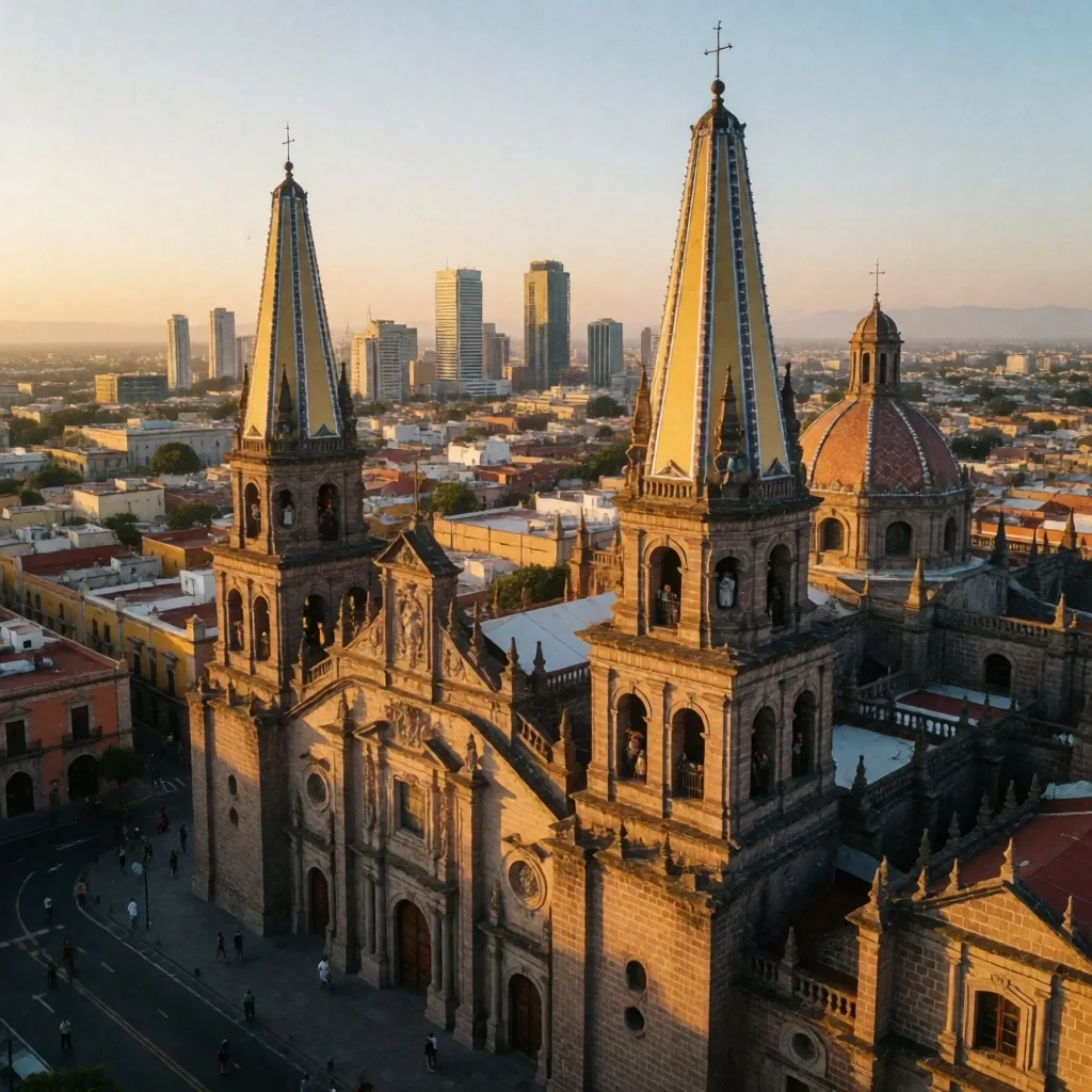 Vista aérea de Guadalajara, Jalisco, durante la hora dorada