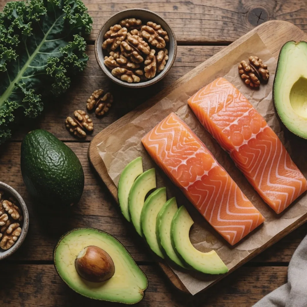 Alimentos enteros sobre mesa de madera