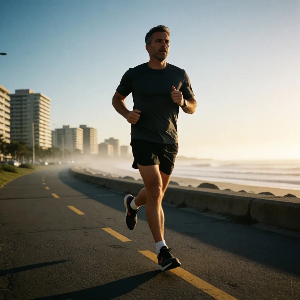 Hombre maduro corriendo al amanecer