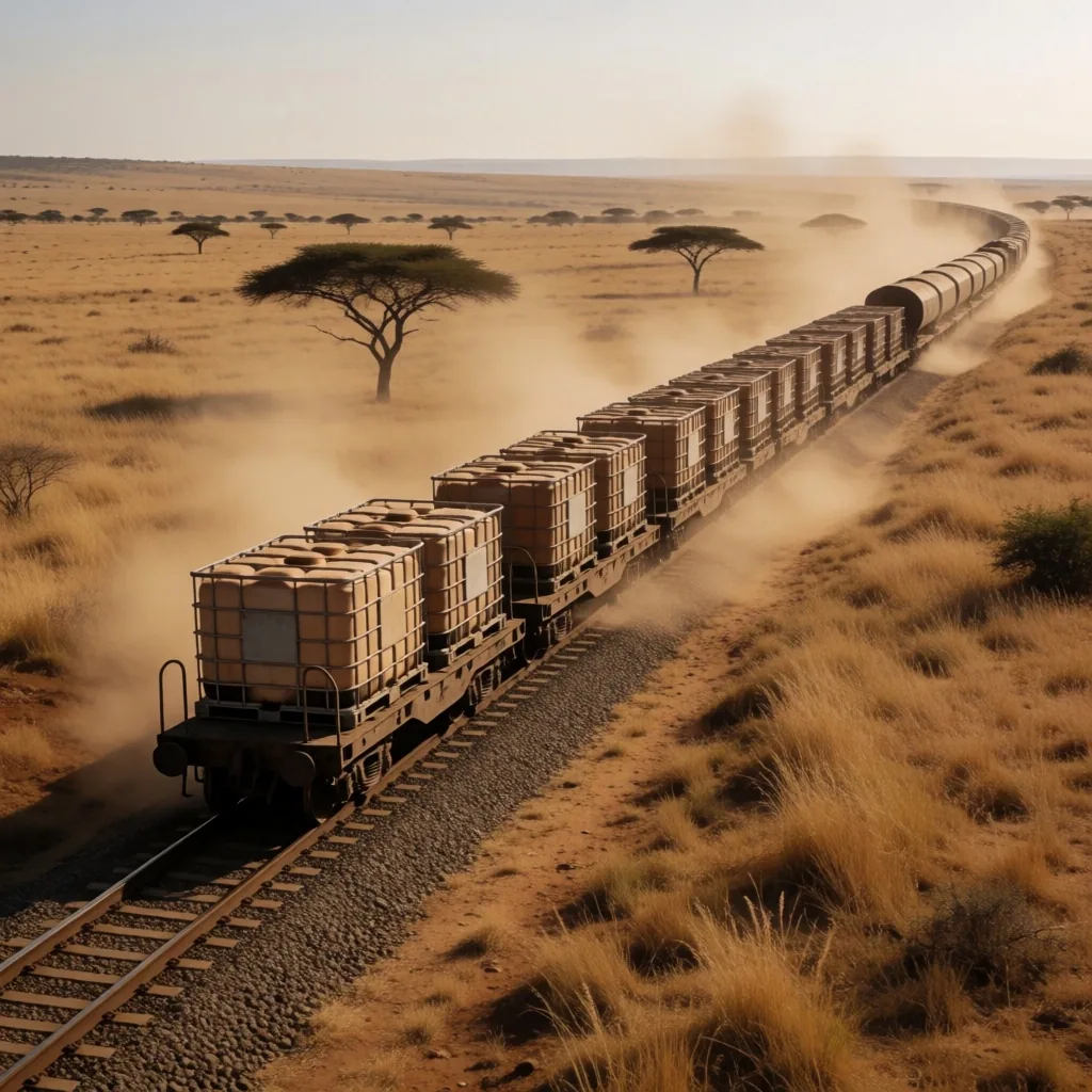 Tren de carga transportando minerales industriales por la sabana keniana