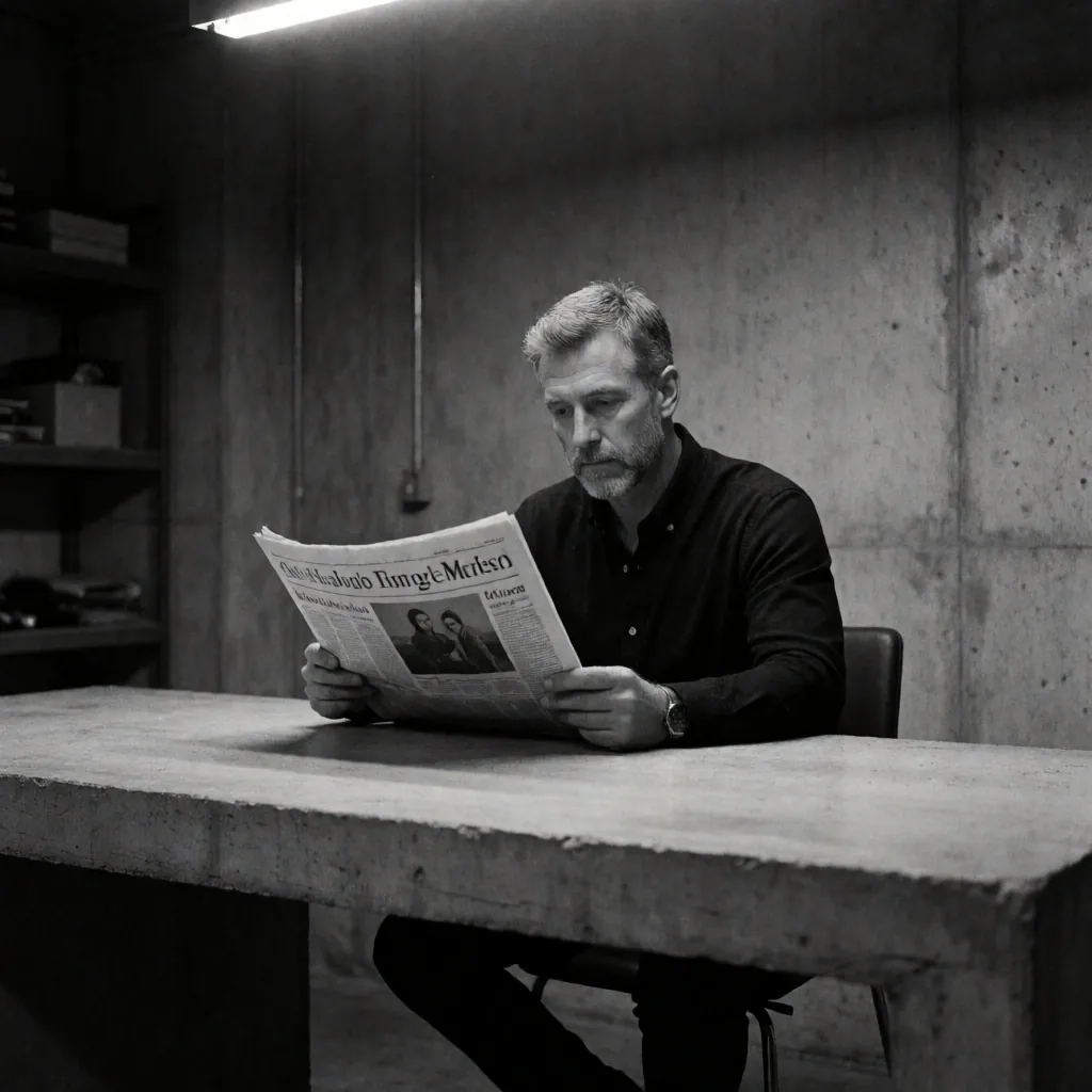 Hombre leyendo noticias en escritorio de concreto