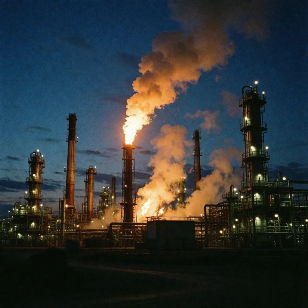 Refinería de petróleo con antorchas al anochecer