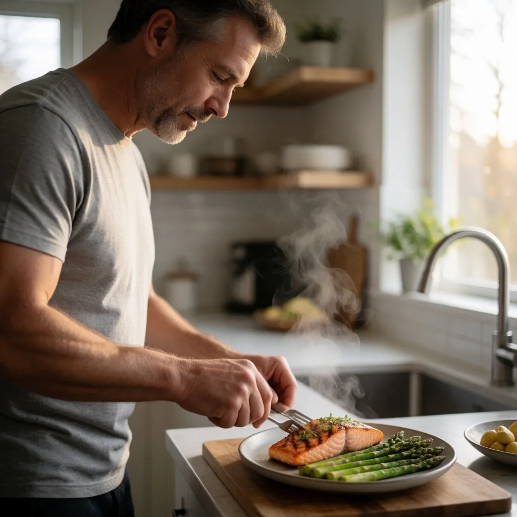 Hombre preparando un plato de comida equilibrada