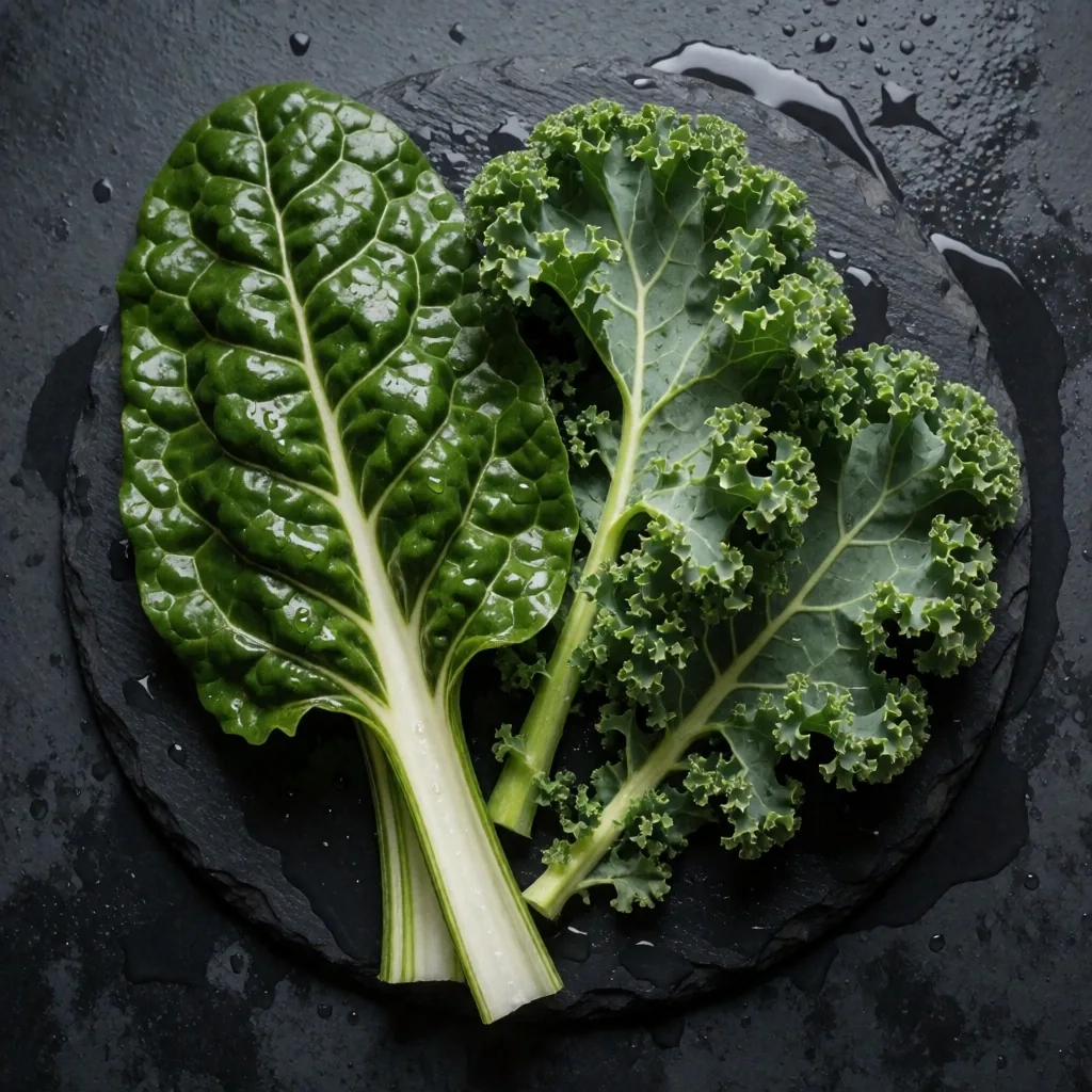 Vegetales de hoja verde sobre pizarra oscura