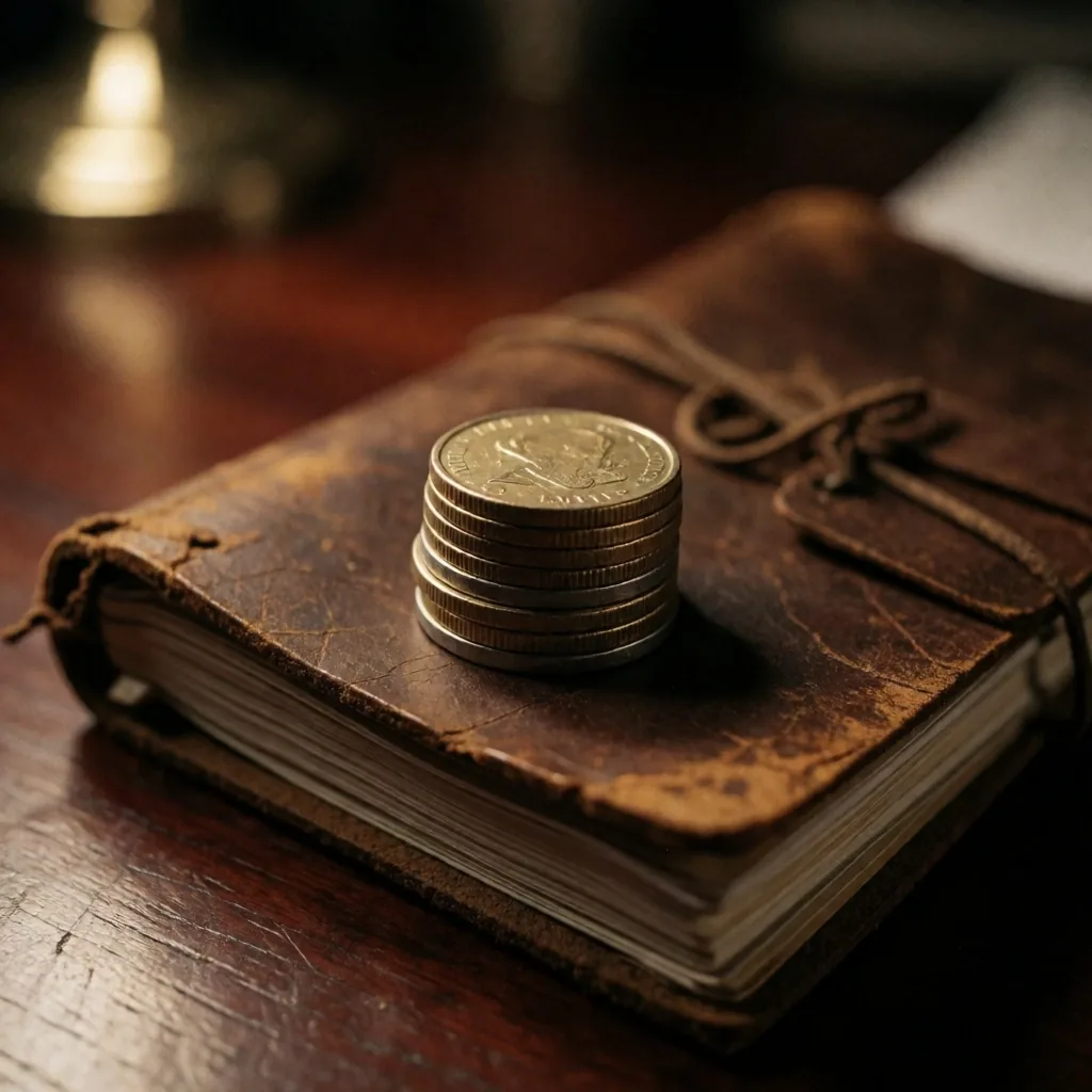 Monedas y libro contable sobre escritorio