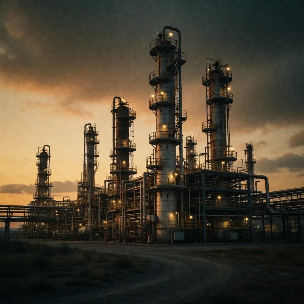 Refinería industrial al atardecer