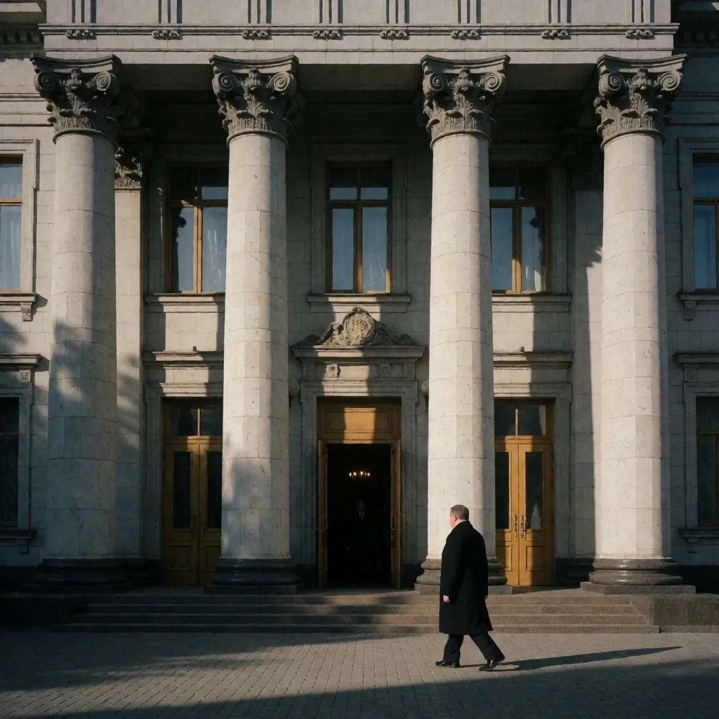 Edificio gubernamental en Kyiv con banderas ucranianas