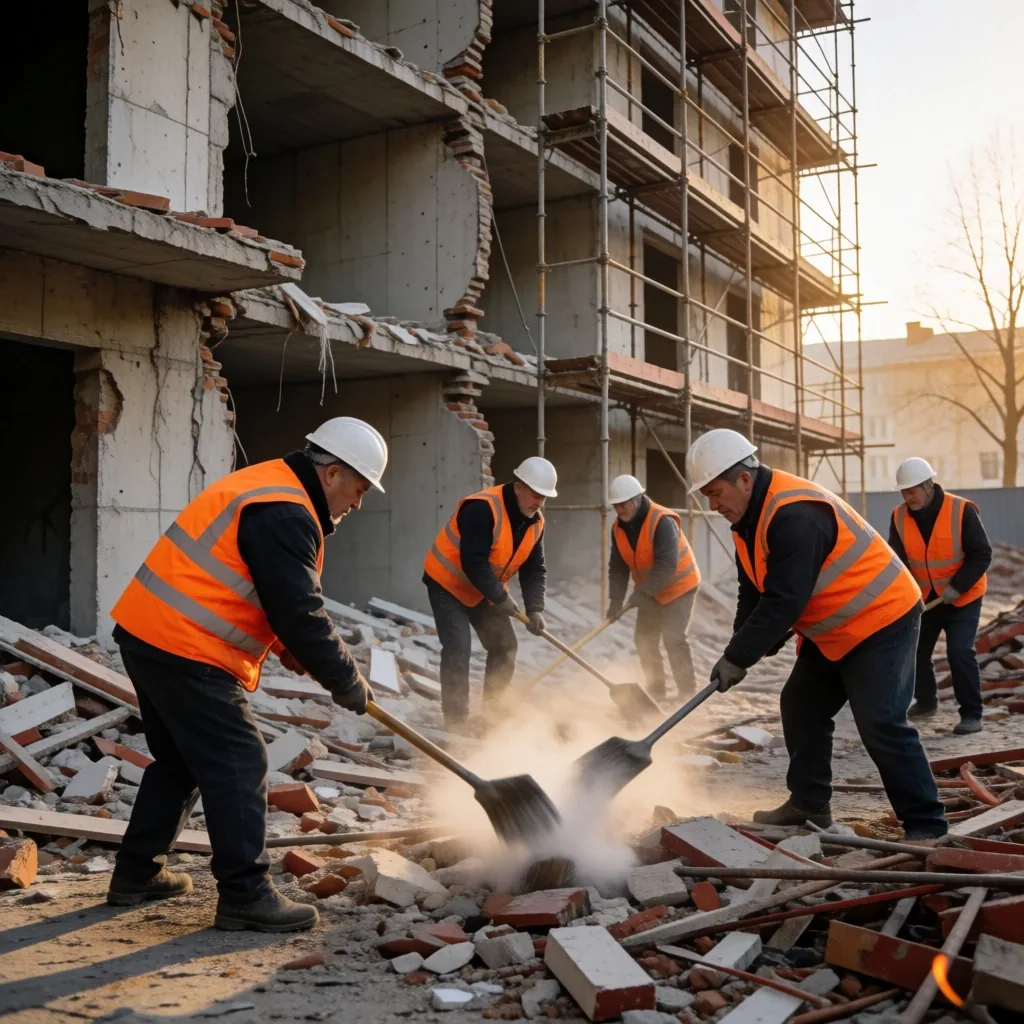Trabajadores de la construcción retirando escombros y reconstruyendo un edificio