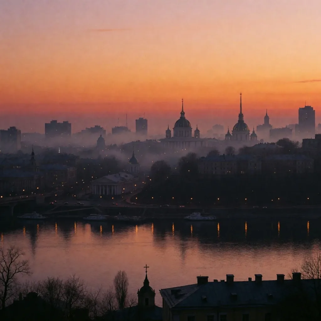 Vista panorámica de Kyiv al atardecer con edificios gubernamentales iluminados