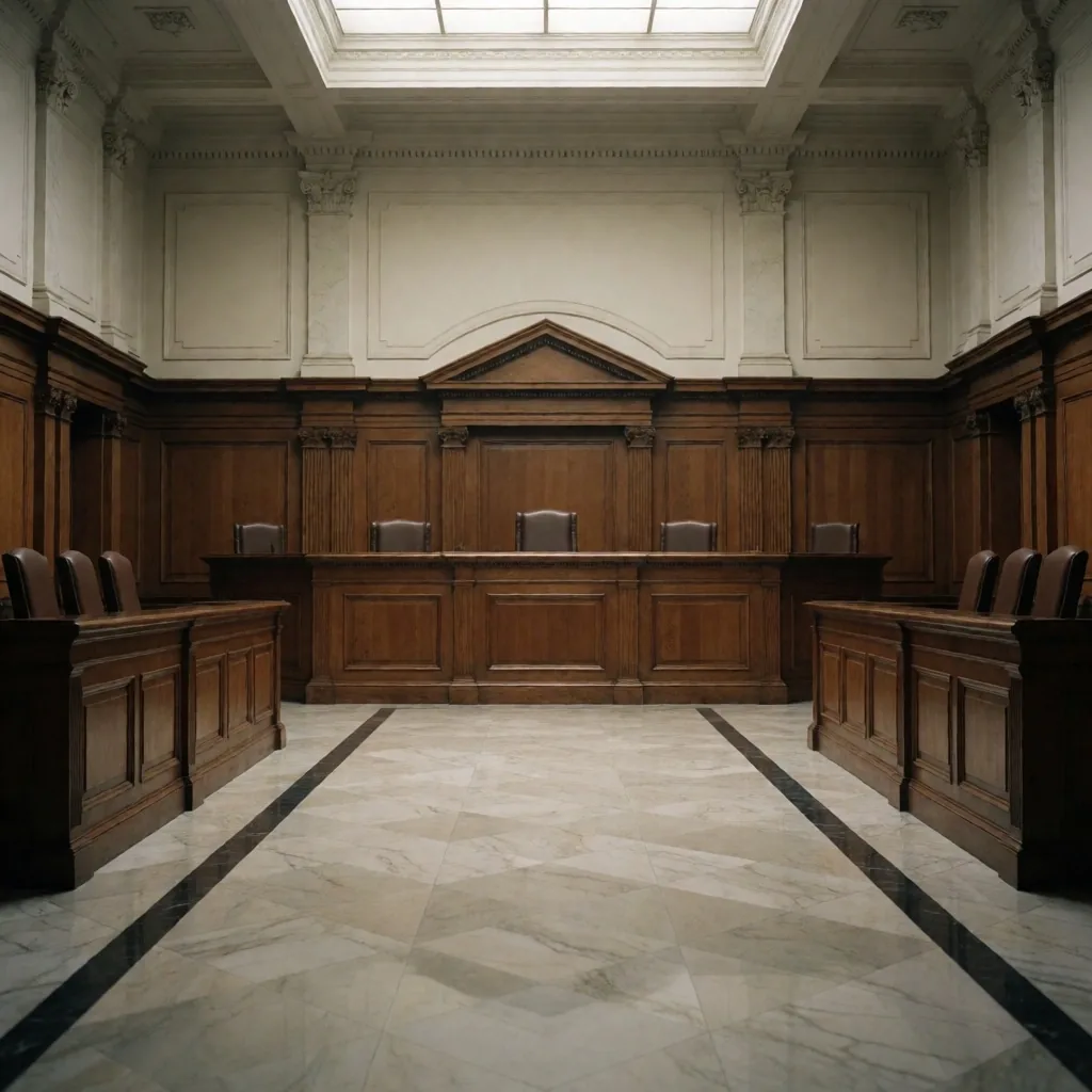 Sala judicial europea con bancos de madera