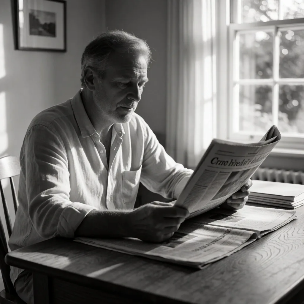 Hombre maduro leyendo el periódico en su escritorio