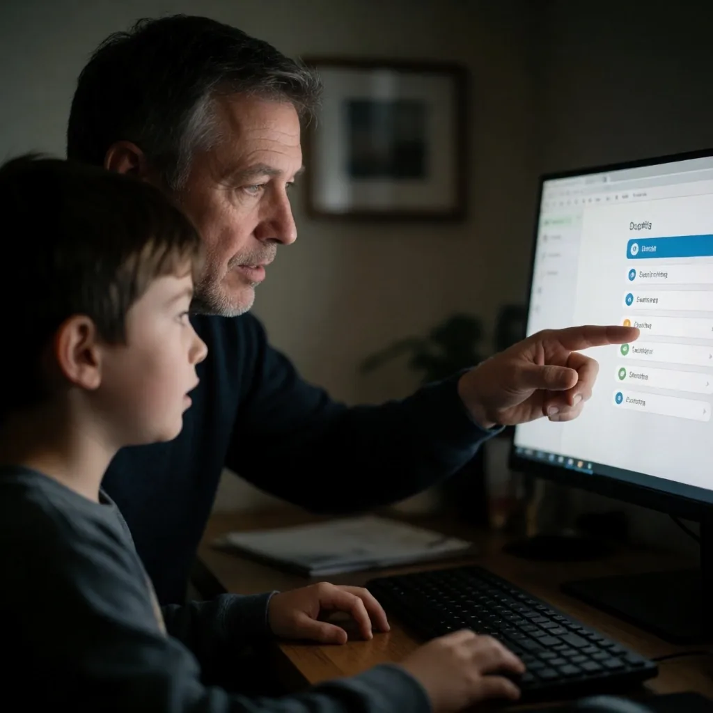 Padre e hijo revisando contenido digital en la cocina familiar