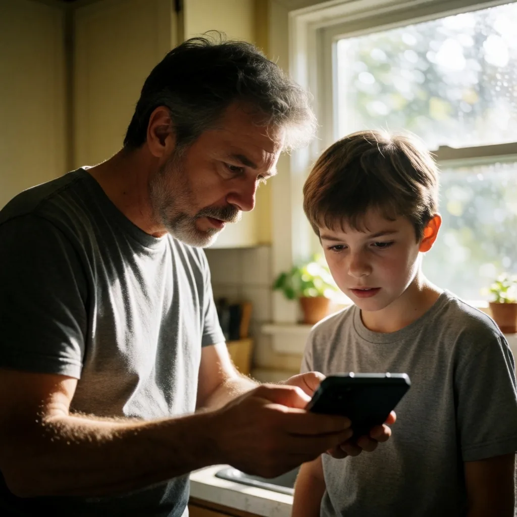 Padre guiando a su hijo en el uso responsable de una tablet