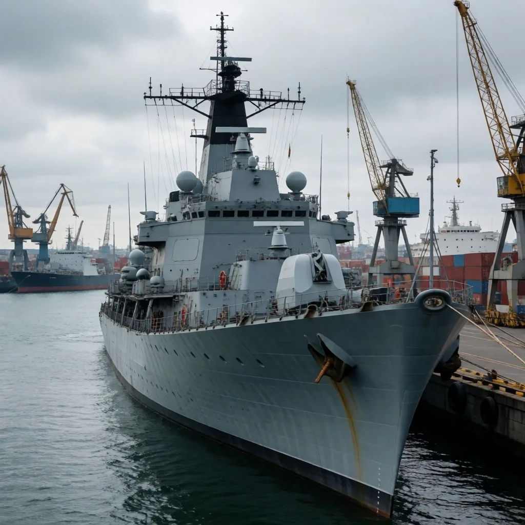Destructor naval moderno atracado en puerto militar al amanecer