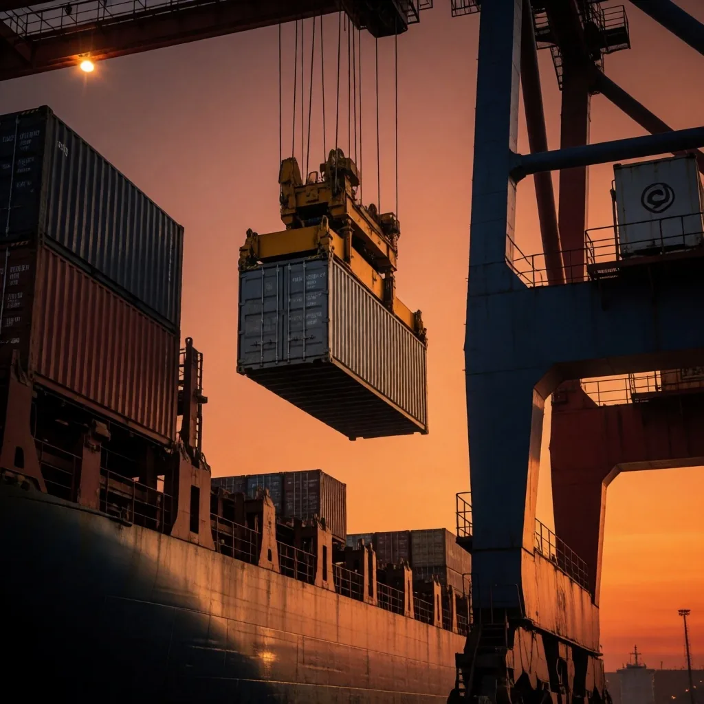 Grúa portuaria cargando contenedores en un buque comercial al atardecer