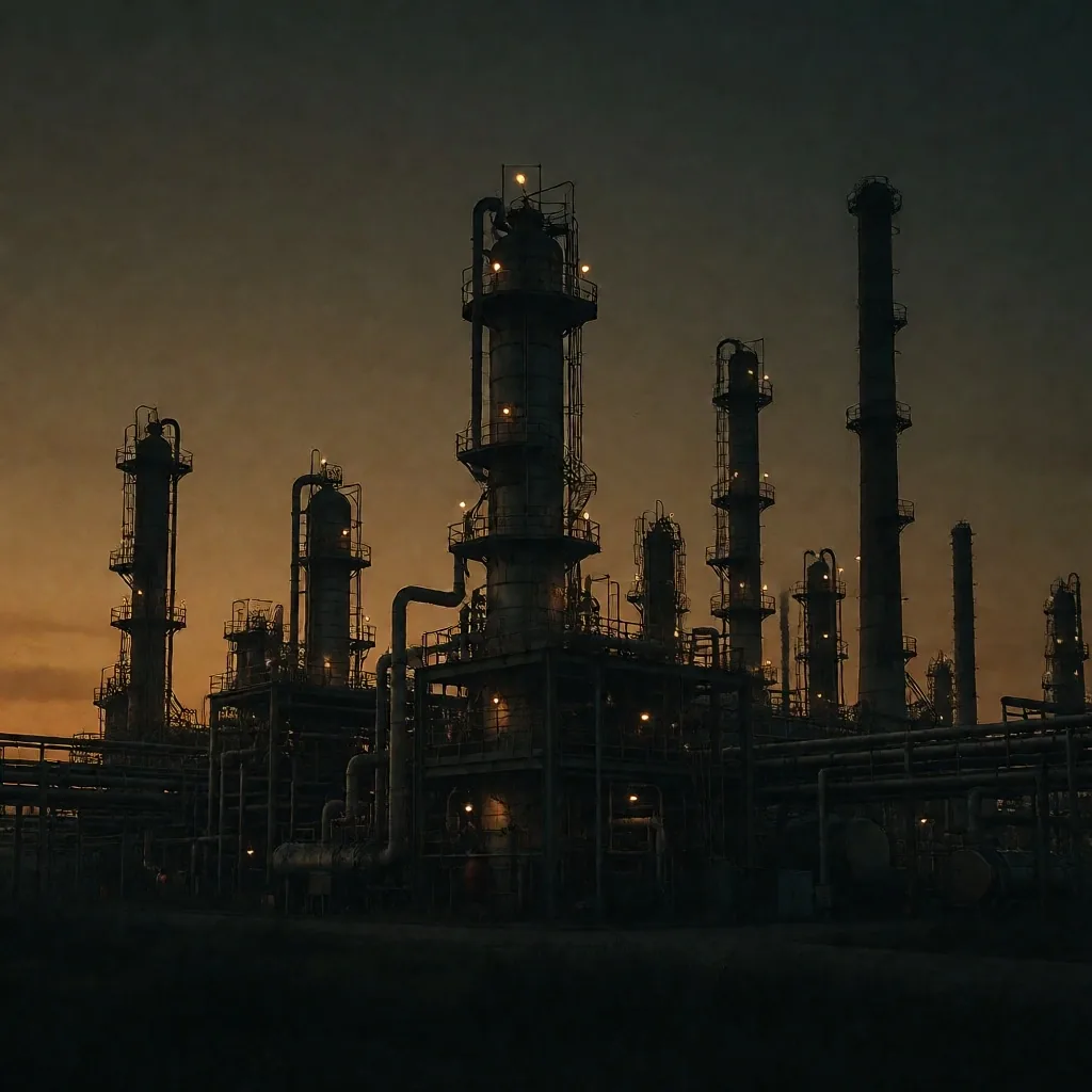 Refinería de petróleo al atardecer bajo cielo cargado
